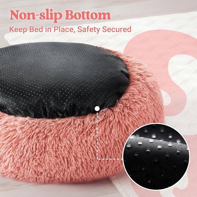 rabbitgoo Cat Beds for Indoor Cats, 20 inches Cat Bed Machine Washable, Fluffy Round Pet Bed Non-Slip, Calming Soft Plush Donut Cuddler Cushion Self Warming for Small Dogs Kittens, Light Pink, Medium