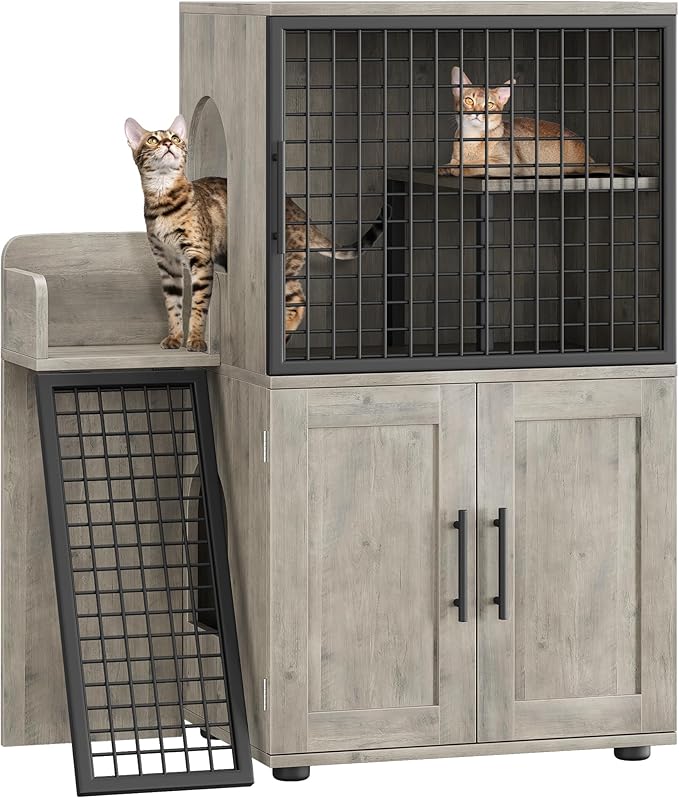 Cat Litter Box Furniture, Modern Cat Cabinet with Side Door, Double Layer Hidden Litter Box Enclosure & Pet House, Villa Style Cabinet with Side Door and Ladder for Indoor Cats