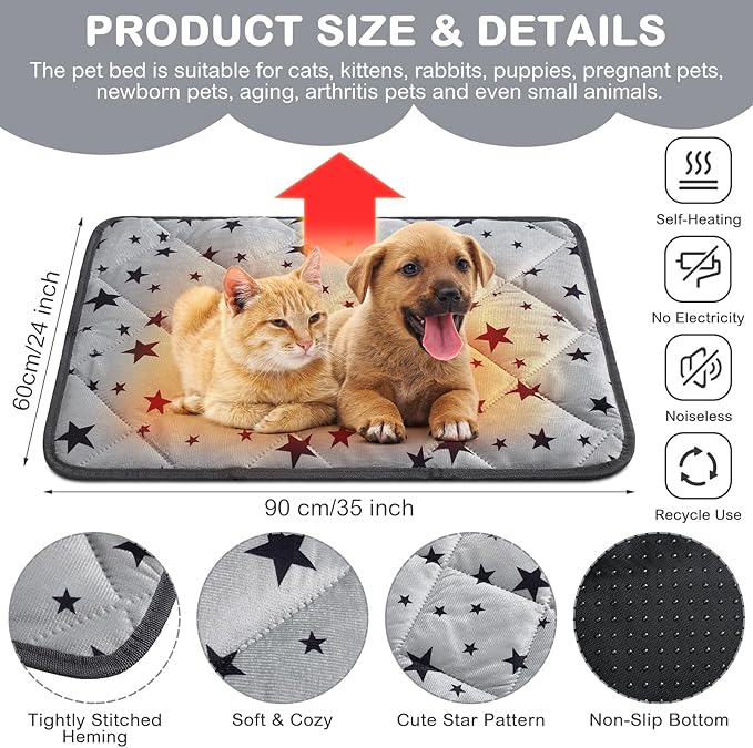 Self Warming Cat Bed Self Heating Dog Mat Star Pattern Warm Thermal Pet Pad Reflects Body Heat Washable Soft Puppy Crate Pad Anti Slip Kennel Mat for Pets(Grey,24'' L X 35'' W X 0.4'' Th)