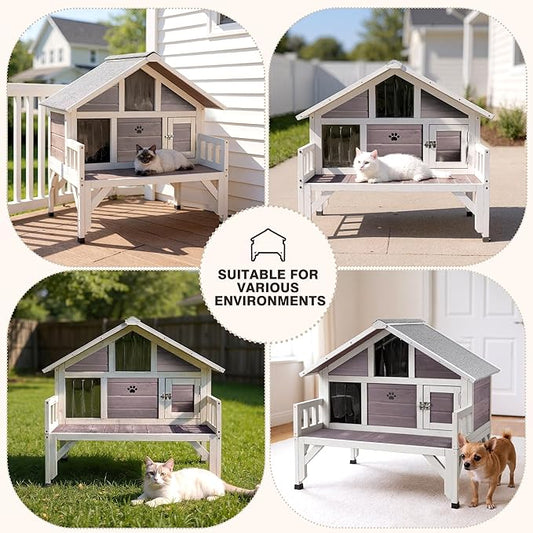 Outdoor Cat House Weatherproof Feral-Cat-Shelter for Winter Large Wooden Pet House for Multiple Cats,with Balcony Escape Doors,Gray