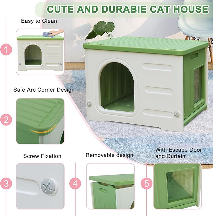 Plastic Cat House for Outdoor Indoor Use, Feral Cat Shelter Indoor Stackable Cat House Insulated Weatherproof Waterproof -Green