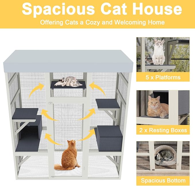 70inch Catio Outdoor Cat Enclosure, Outdoor Catio Condo Enclosure, Wooden Cats Cage, Large Outside Cats House Weatherproof with 5 Platforms and 2 Resting Boxes.