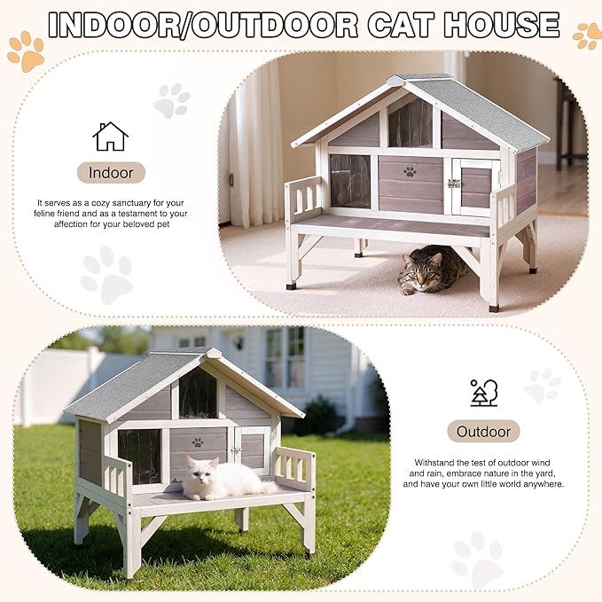 Outdoor Cat House Weatherproof Feral-Cat-Shelter for Winter Large Wooden Pet House for Multiple Cats,with Balcony Escape Doors,Gray