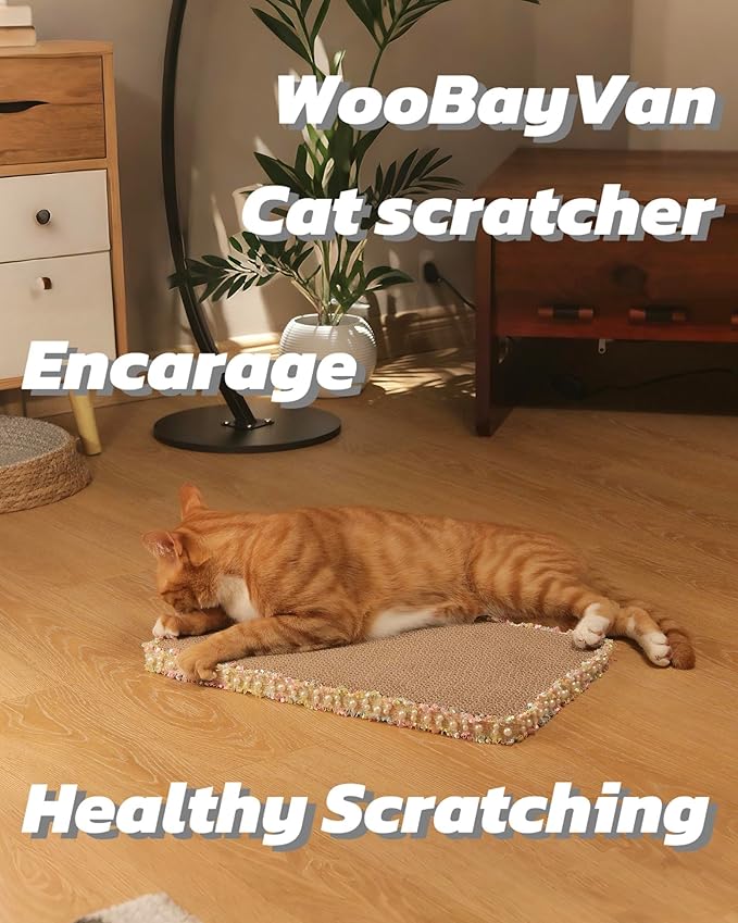Primrose Yellow Cat Scratch Pad, Stylish Boho Lace with Pearl Large Cardboard Cat Scratcher, Cat Scratchers for Indoor Cats, Durable Cat Scratching Board, Horizontal Scratch Pad for Cats