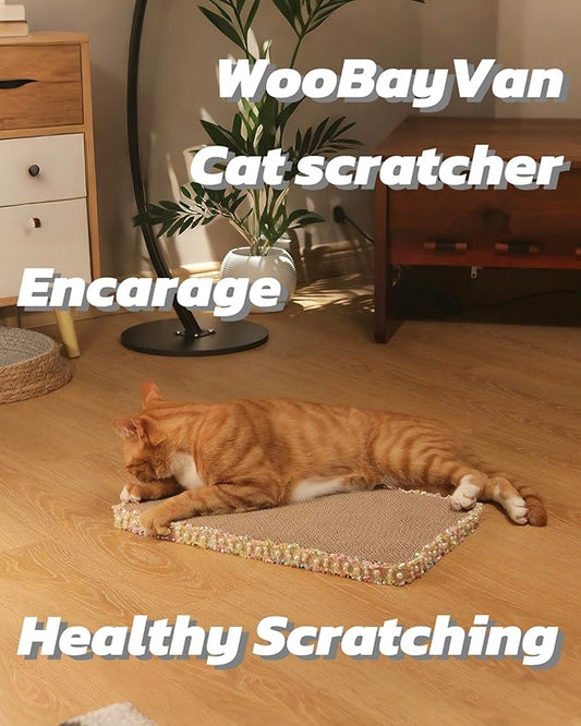 Primrose Yellow Cat Scratch Pad, Stylish Boho Lace with Pearl Large Cardboard Cat Scratcher, Cat Scratchers for Indoor Cats, Durable Cat Scratching Board, Horizontal Scratch Pad for Cats