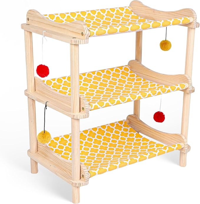 Large 3-Layer Cat Hammock Bed, 24"x15.7"x26.8" Elevated Cat Bed with Pine Wood Frame, Breathable Washable Covers, Wooden Pet Furniture for Indoor Cats and Small Animals (Orange, 3-Tier)