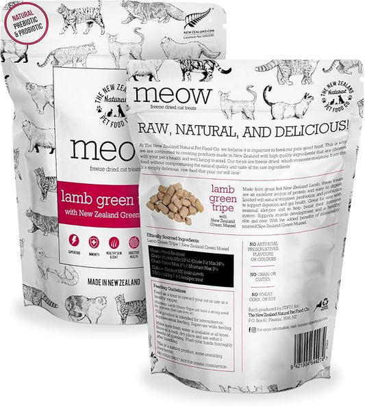 The New Zealand Natural Pet Food Co MEOW Freeze Dried Cat Treats - Lamb Green Tripe with New Zealand Green Mussel, High Protein, Healthy Cat Snacks and Toppers, All Natural for all Life Stages, 1.4 oz