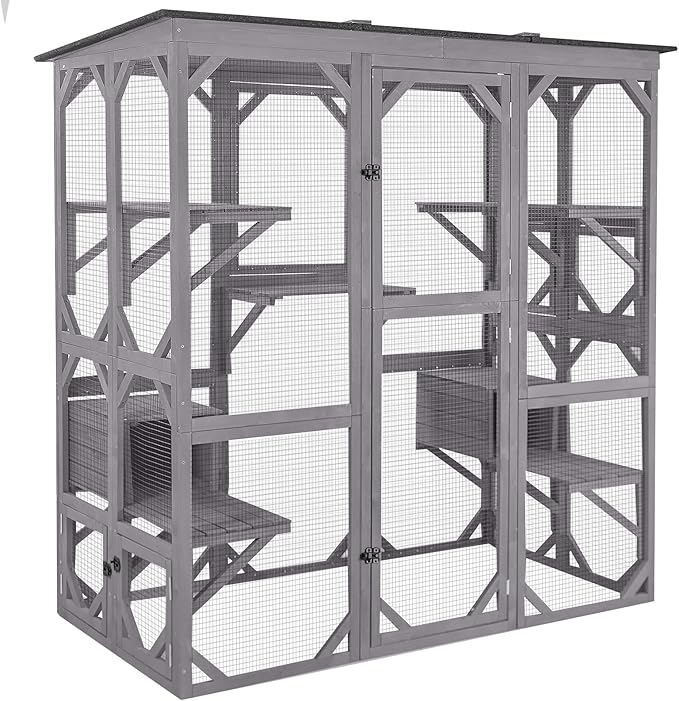 Aivituvin Cat House Outdoor Catio Kitty Enclosure with Super Large Enter Door,Wooden Cat Cage Condo Indoor Playpen with Platforms,Small House 71 Inch