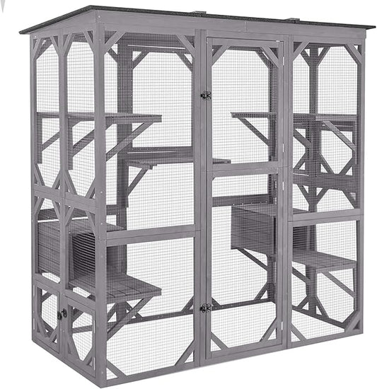 Aivituvin Cat House Outdoor Catio Kitty Enclosure with Super Large Enter Door,Wooden Cat Cage Condo Indoor Playpen with Platforms,Small House 71 Inch