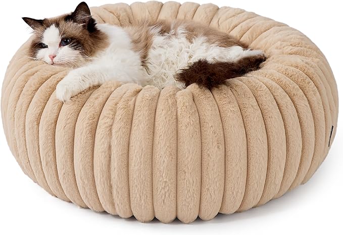 Bedsure Cat beds for Indoor Cats - Donut Dog Beds for Small Dogs with Corduroy Fleece & Anti Slip Bottom, Faux Fur Pet Beds with Washable Removable Cover, Sandy Tan, 20x20x6 inches