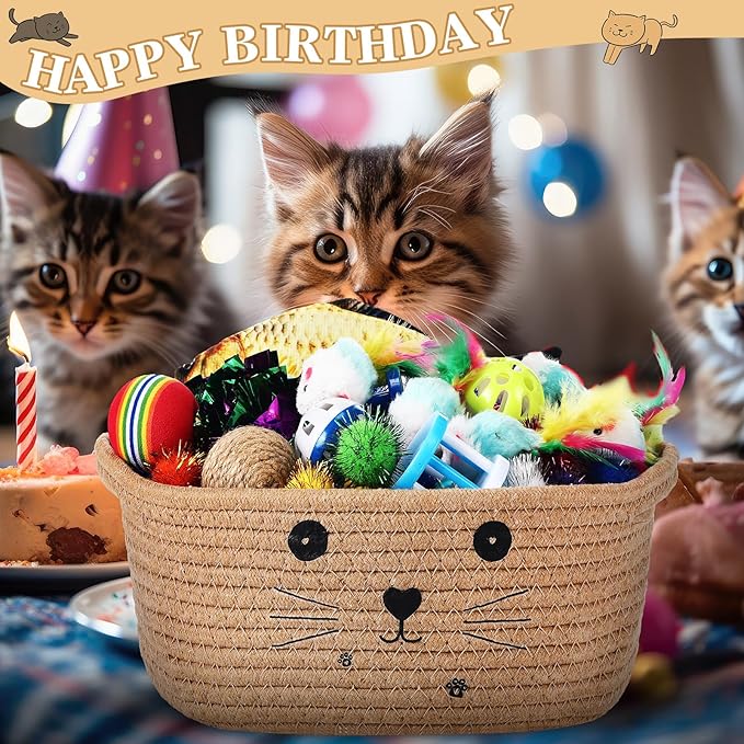 Zopeal 58 Pcs Cat Storage Basket Gift Toys Set, Colorful Flashing Balls Pet Bell Crinkle Balls Spring Toys Attract Cat to Swat, Bite, Hunt, Interactive for Pet(Khaki,9.8 Inch)