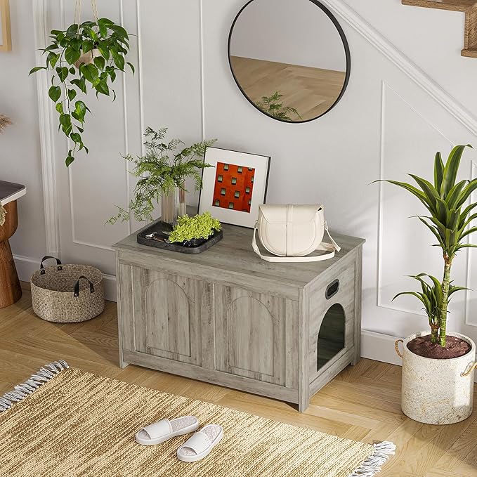 DINZI LVJ Cat Litter Box Enclosure, Flip Top Litter Box Furniture, Farmhouse Hidden Cat Washroom, Wooden Pet House, End Side Table, 31.5" L x 19.7" W x 19.7" H, Sturdy and Easy to Assemble, Gray Wash