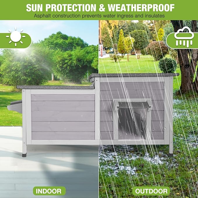 GUTINNEEN Large Outdoor Cat House Insulated, Weatherproof Cat Shelter with Detachable Insulation Liner, Wooden Elevated Kitty Condo for Stray Cats, 39.1" L x 18.5" W x 19.1" H (Grey)