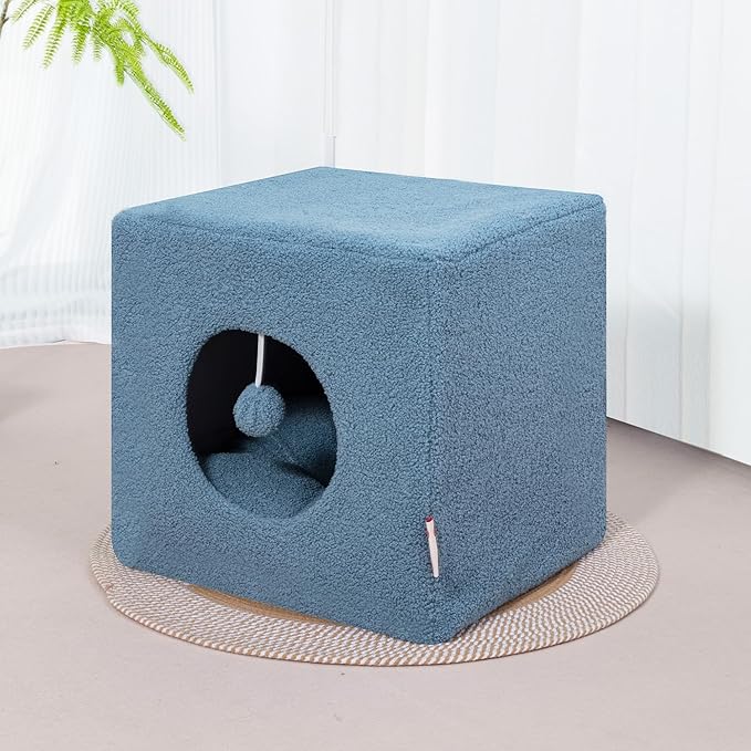 Cat House for Indoor Cats, Fluffy Large Cube Cat Cave Bed, Perfect Hideaway for Multiple Cats & Small Pets, Detachable Sherpa Cover 16 Inches