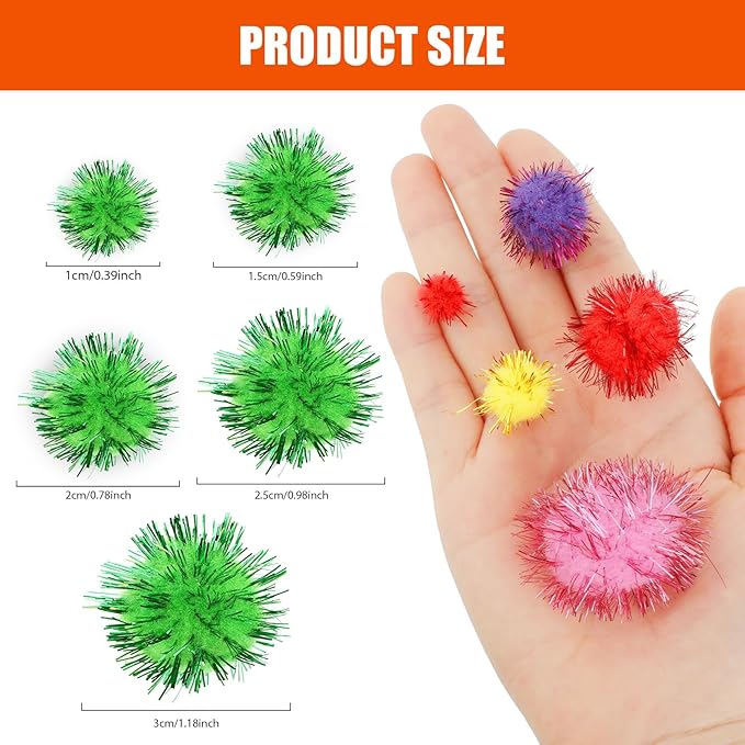 100Pcs Color Flash Cat Toy Balls, Craft Cat Toy Balls with Tinsel, Soft Fluffy Puff Ball for Crafts, Sparkle Glitter Cotton Ball for Kittens Exercise