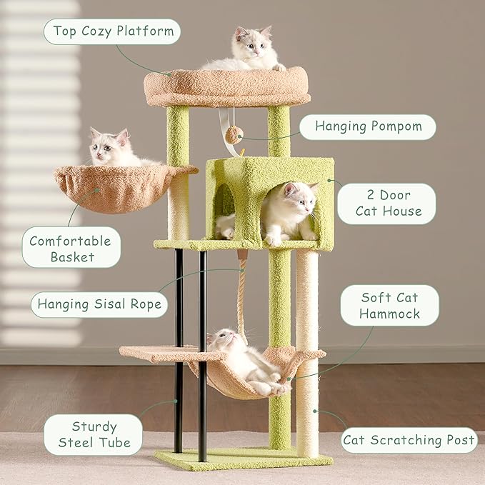 Cat Tree, Cat Tower for Indoor Cats, 43.3 inch Cactus Cat Tree Tower with Sturdy Steel Tube, Hammock, Cat Condo for Small Cats and Kittens, Scratching Post, GCT004SGY