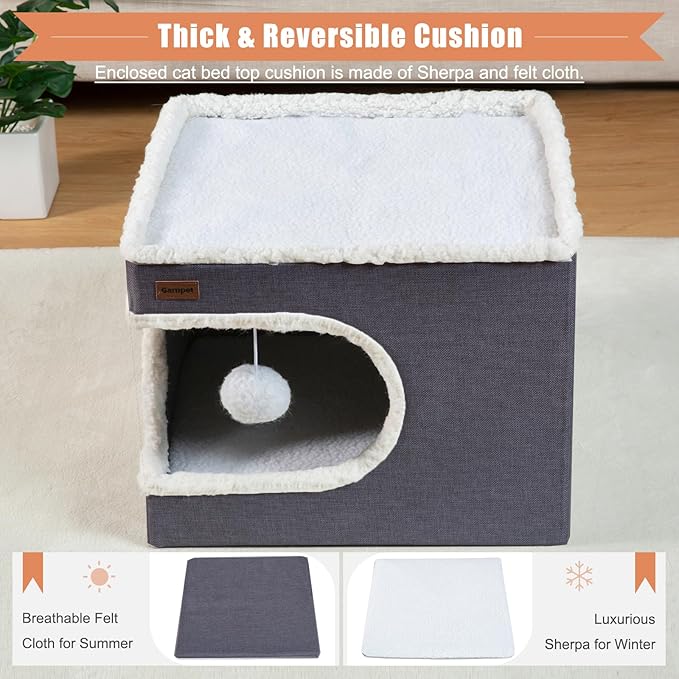 Cat Bed for Indoor Cats Cube House, Covered Cat Cave Beds & Furniture with Scratch Pad and Hideaway Tent, Cute Modern Cat Condo for Multi Small Pet Large Kitten Kitty, Dark Grey