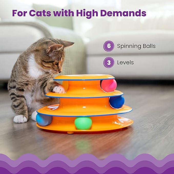 Catstages Tower of Tracks 3-Level Cat Track Toy with 6 Balls, Interactive Toy for Indoor Cats, Orange