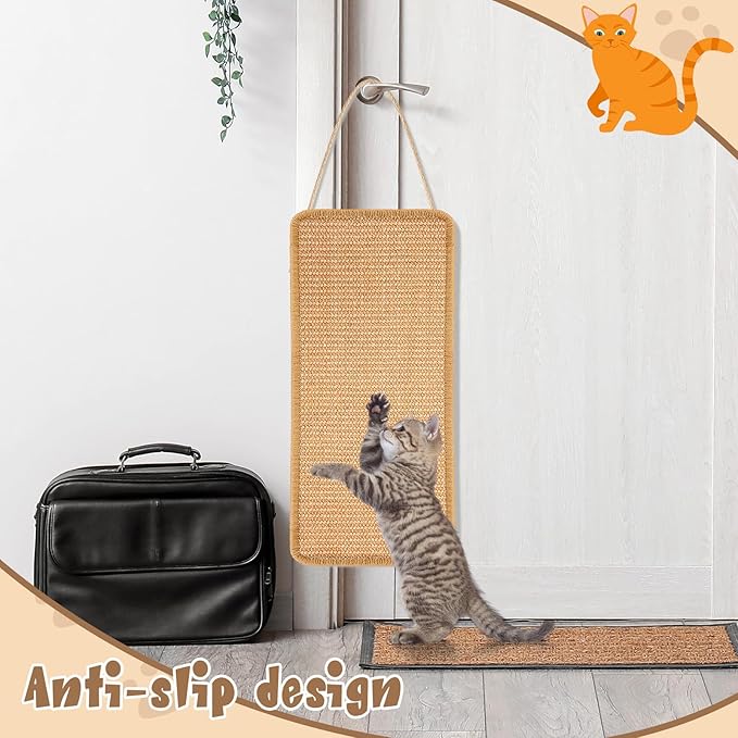 2 Pack Sisal Door Cat Scratching Mat Double Use Hanging Scratcher Wall Floor Mount Natural Cat Scratch Mat Kitty Scratching Pad for Indoor Kitten with Hemp Rope, 7.87 x 19.69(Brown)