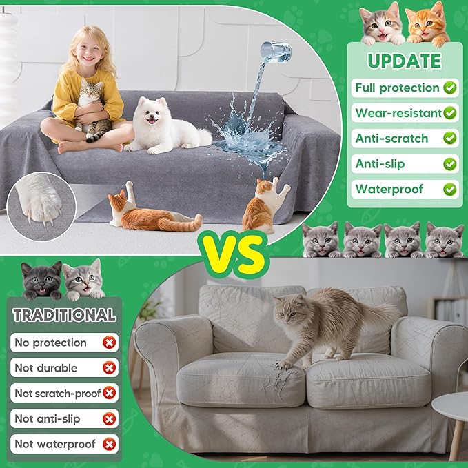 Loiion Cat Scratch Furniture Protector - Anti-Slip, Waterproof Sofa Cover to Keep Cats Off, Pet-Friendly Couch Protectors for 3 Cushion Couch, Gray Anti-Scratch Couch Cover for Pets and Kids 118"X71"