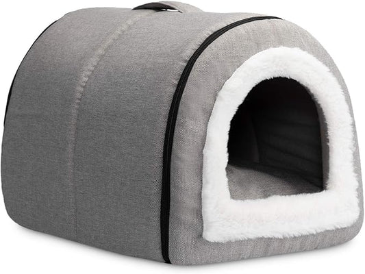 Hollypet Linen Cat Bed, Self-Warming 2 in 1 Foldable Cave House Animal Shape Nest Pet Sleeping Bed, Gray