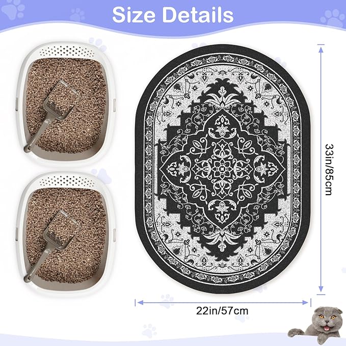 Bienbee Cat Litter Mat, 33" x 22" Large Size Litter Box Mat Rug with Non-Slip Bottom, Easy to Clean Cat Supplies Accessories Essentials for Indoor Kitty Kitten Floor, Black L