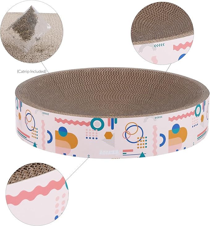 CSR1010A Nelson 20.13" Modern Cardboard Round Bowl Cat Scratcher with Catnip, Light Pink/Multi