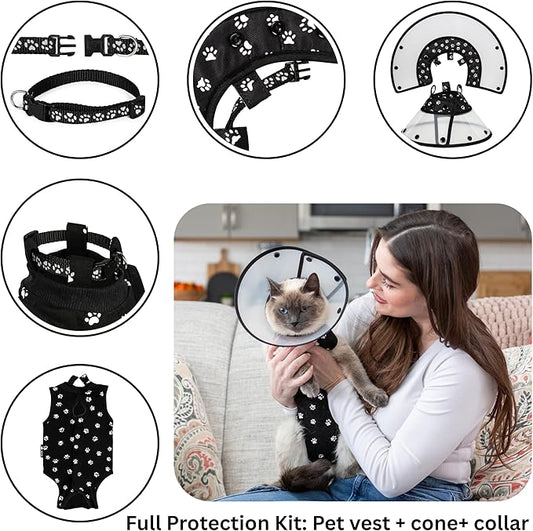 Cat Recovery Cone Kit Post Surgical Soft Pet Vest, Collar, and Non-Irritating Protection Cone for Cats - Comfortable Injury Care Solution (Black with White Paws, Small)