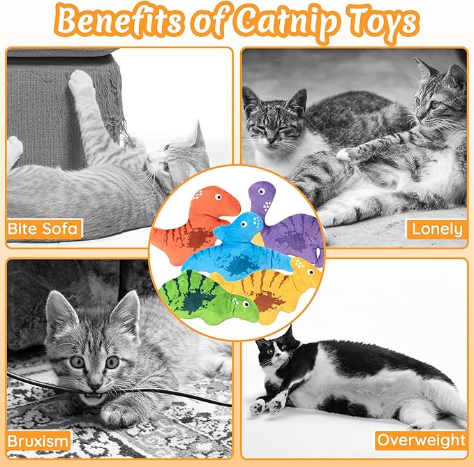 Catnip Cat Toys, 5Pcs Dinosaur Catnip Toys for Cat, Catnip Crinkle Sound, Soft and Durable, Interactive Kitten Kicker for Indoor Kitty for All Breeds