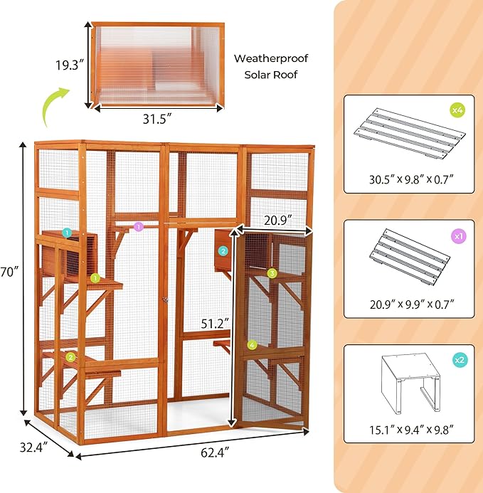 COZIWOW 70Inches Large Spacious Wooden Outdoor Catio with Perches and Condos, Cat Catio Enclosures Indoor Kitty Window Kennel with Waterproof Roof, 7 Platforms & 2 Resting Box, UV Resistant(Orange)