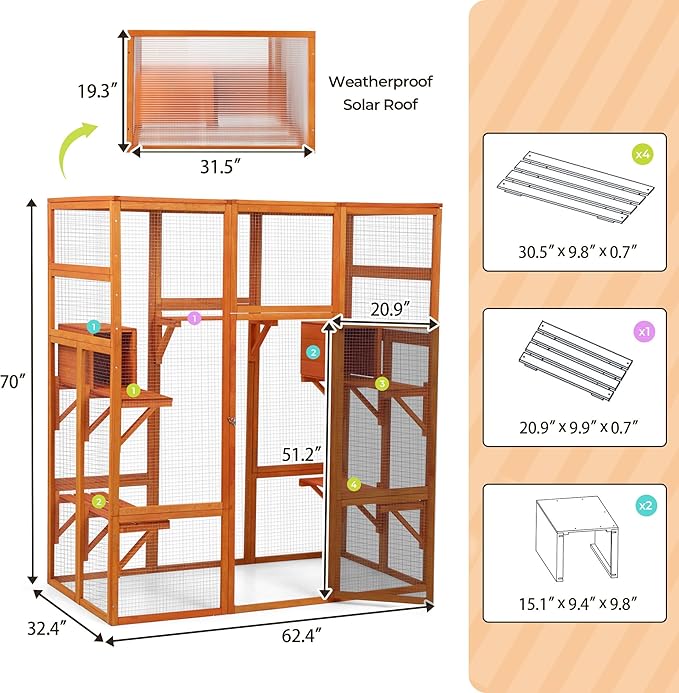 Large Wooden Catio Outdoor Cat Enclosure - Cat Play & Run Enclosures Indoor Kitty Window Catio with Waterproof Roof, 7 Platforms & 2 Resting Box, UV Resistant, 62.5" L x 32.5" W x 70" H, Orange