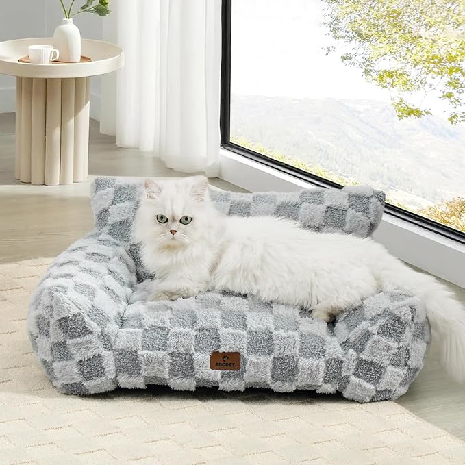 Cat Bed Cats Couch for Puppy and Kitten, Fluffy Pet Couch Small Dog Sofa Bed, Supportive Cat Sofa for Indoor Cats, Washable Cover & Non-Slip, 26 inch, Grey