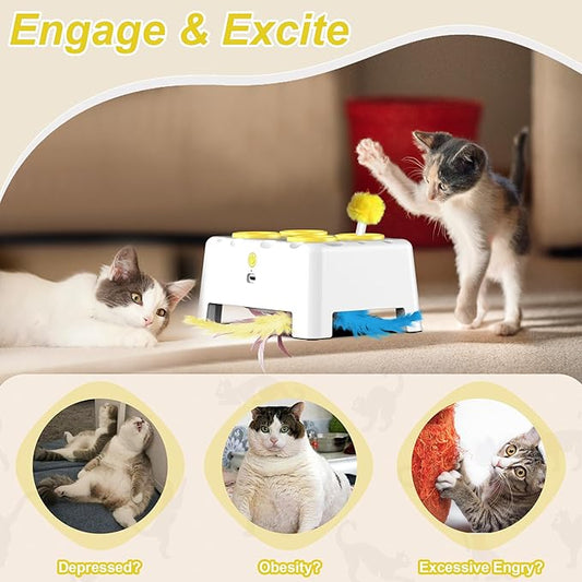 Cat Toys, Interactive Cat Toys, 2-in-1 Moving Concealed Feathers, 4 Holes Mice Whack A Mole Cat Kitten Toy Exercise Toys for Indoor Bored Adult Cats, USB Rechargeable Electronic Kitten Toys (White)