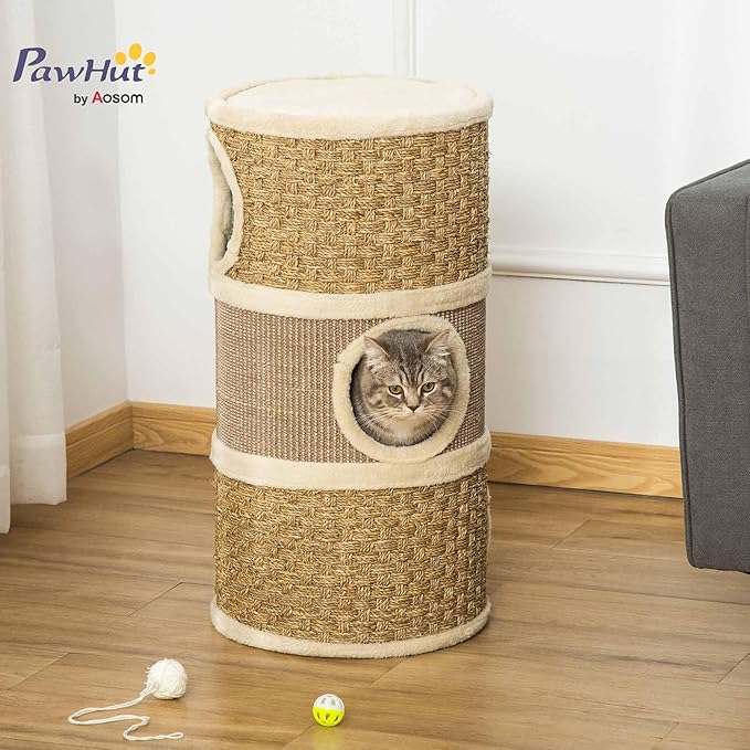 PawHut 28 Inch Cat Condo, 3 Story Cat Hideaway with Sisal Scratching Pad, Barrel Shaped Small Cat Tree for Indoor Cats, Khaki and Brown