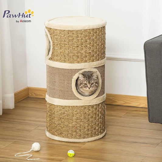 PawHut 28 Inch Cat Condo, 3 Story Cat Hideaway with Sisal Scratching Pad, Barrel Shaped Small Cat Tree for Indoor Cats, Khaki and Brown