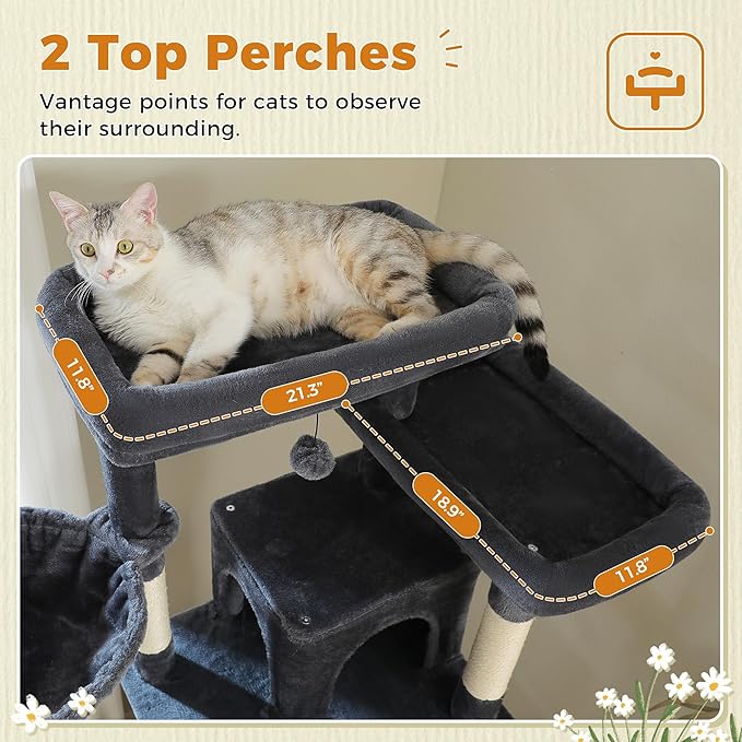 81 Inch Tall Cat Tree for Big Cats & Multi-Cat Homes, Large Heavy Duty Cat Tower with Metal Frame Hammock, 6 Scratching Posts, 2 Condos, 2 Perches, Scratching Pad - Dark Grey