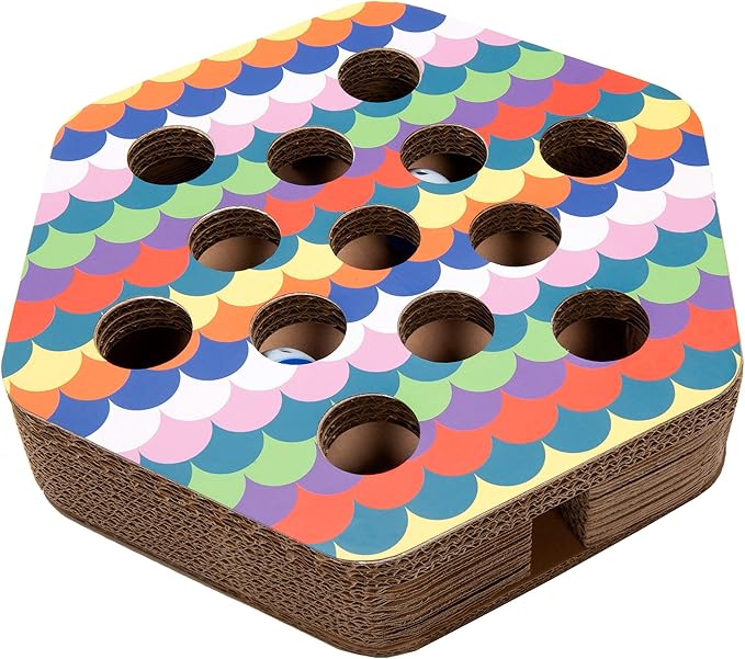 Furhaven Scratching Pad Ball Track Cat Toy w/ Catnip for Indoor Cats - Hexagonal Busy Box Scratcher - Rainbow Scales, One Size