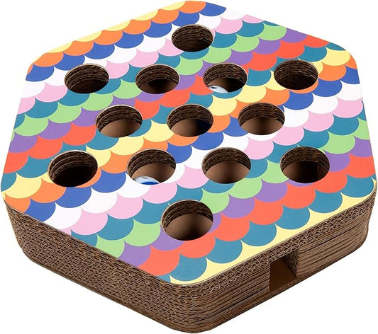 Furhaven Scratching Pad Ball Track Cat Toy w/ Catnip for Indoor Cats - Hexagonal Busy Box Scratcher - Rainbow Scales, One Size