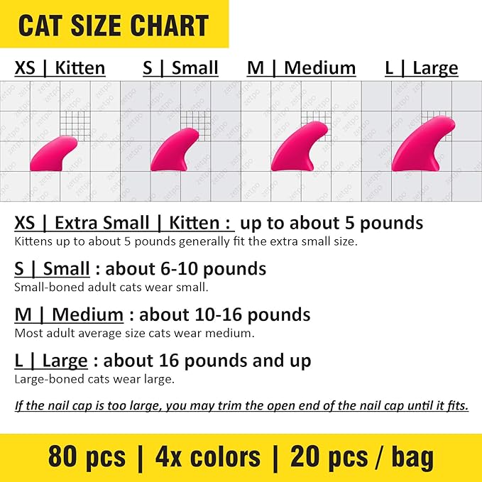 zetpo 80 pcs Cat Claw Covers | Cat Nail Caps | with Adhesives and Applicators (L, Black, Silver, Silver Glitter, White)