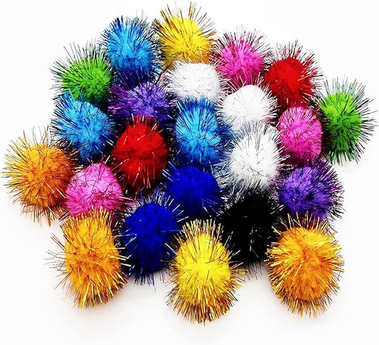 24 Pcs Cat Ball Toys, 1.8 Inch Sparkle Ball, Tinsel Glitter Pom Pom Cat's Favorite Toys, Random Color
