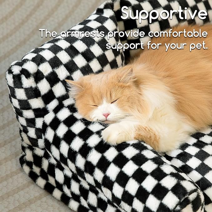Hollypet Fluffy Plush Dog Cat Pet Couch Soft Calming Sofa Bed for Medium Small Cats and Dogs, Black and White