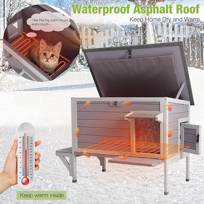 Gutinneen Heated Cat House for Outdoor Cats Insulated Kitty Shelter with Heating Pad Waterproof Cat Cage Keep Warm in Winter,Liner Include