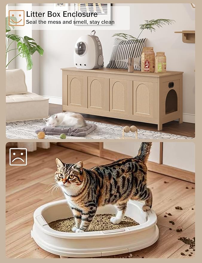 DINZI LVJ Cat Litter Box Enclosure, Flip Top Litter Box Furniture, Hidden Cat Washroom, 2-Entrances Wooden Pet House, 47.2" L x 18.7" W x 19.7" H, End Side Table, TV Stand, Easy to Assemble, Natural