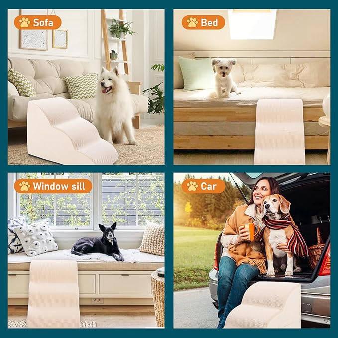 Dog Steps for Small Pets, Dog Stairs for High Beds and Couch, 16" 3-Step High Density Foam Pet Stairs for Dogs Injured, Older Dogs Cats, Pet with Joint Pain (Beige)
