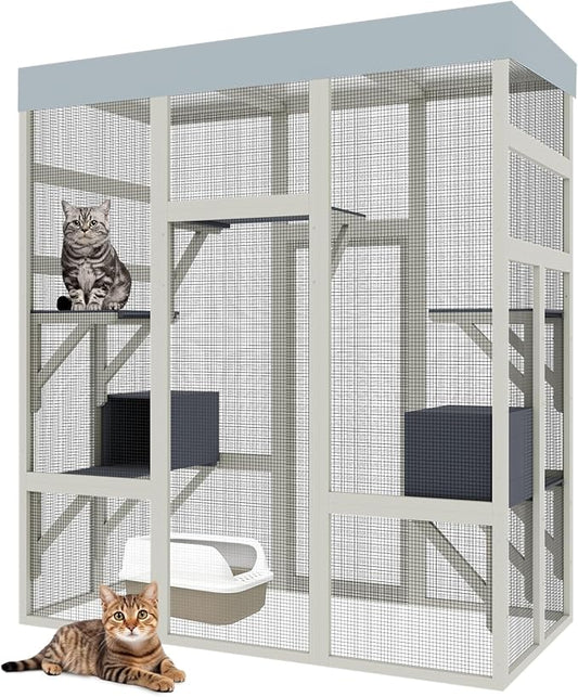 70inch Catio Outdoor Cat Enclosure, Outdoor Catio Condo Enclosure, Wooden Cats Cage, Large Outside Cats House Weatherproof with 5 Platforms and 2 Resting Boxes.