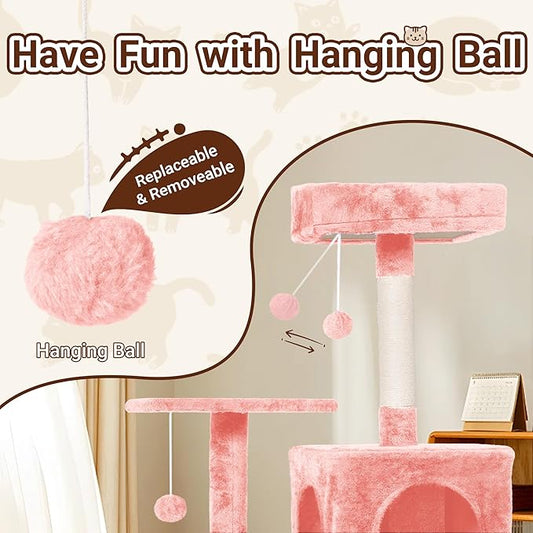 Cat Tree, 54-Inch Cat Tower for Indoor Cats,Plush Multi-Level Cat Condo with Scratching Posts, Basket, Perches,2 Caves,2 Pompoms(Pink)