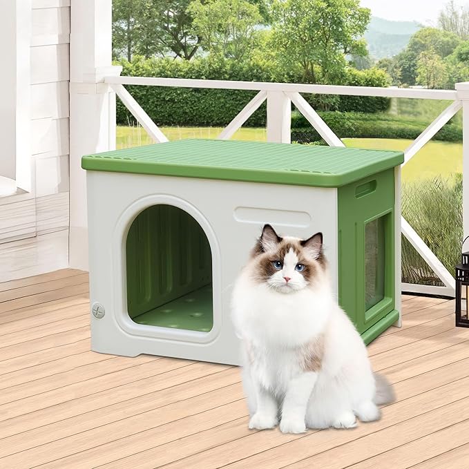 Plastic Cat House for Outdoor Indoor, Waterproof Outdoor Cat House with Escape Door for Feral Cats Outside Cat Shelter for Small Pet, Spacious, Assemble Easily -Green