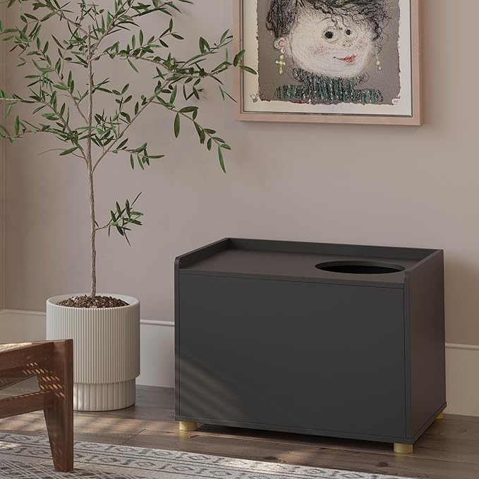 Top Entry Litter Box Enclosure, Modern Flip Top Litter Box Furniture with Cat Scratch Mat, Side Table (Black)