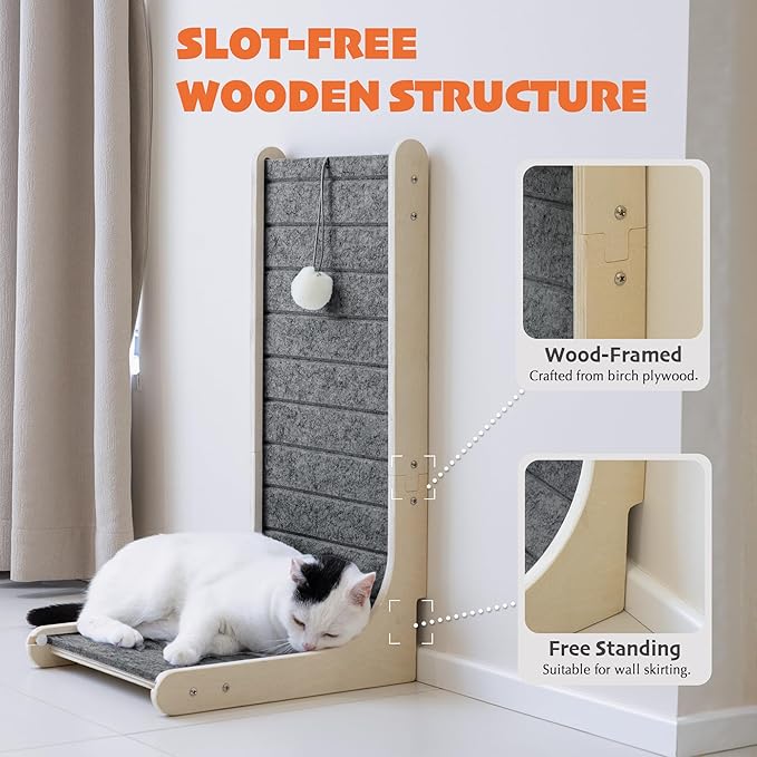 PETKARAY Felt Cat Scratcher, Vertical Cat Scratching Carpet, Scratch Resistant Couch Felt Scratcher, Slot-Free Scratch Pad with Toy Ball, Dark Grey