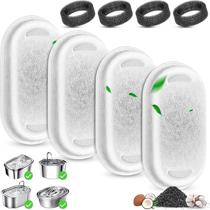Cat Water Fountain Filter, 4 Pcs Cat Filters Replacement Pet Water Fountain Filters with 4 Pcs Sponges Foam for 67oz/2L & 108oz/3.2L Stainless Steel Automatic Cat Water Fountain Dispenser Filters
